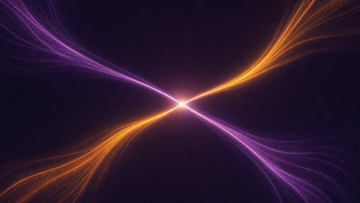 Abstracte illustratie: vier lichtpaden in paars en amber komen samen in één lichtpunt
