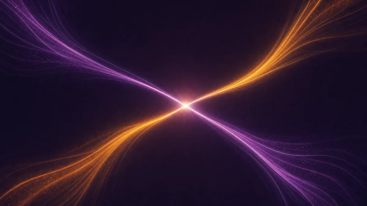 Abstracte illustratie: vier lichtpaden in paars en amber komen samen in één lichtpunt