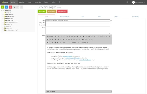 Bewerkscherm van Agima CMS met paginaboom en tabbladen