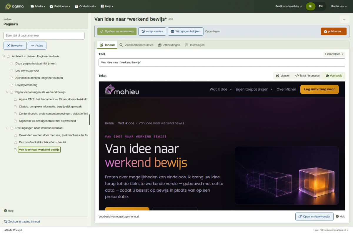 Voorbeeld van een Mahieu-pagina binnen de vernieuwde Agima-cockpit, naast de paginaboom en onder de bewerkknoppen