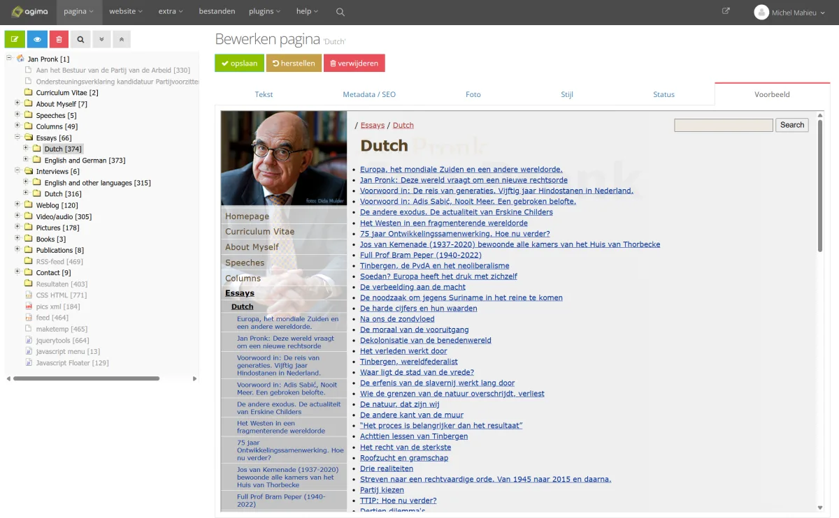 Voorbeeldweergave in Agima CMS: de pagina zoals bezoekers die zien, direct binnen het bewerkscherm