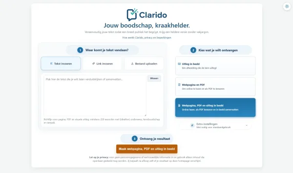 Invoerscherm van Clarido: tekst, link of bestand als bron en keuze uit webpagina, PDF en uitleg in beeld