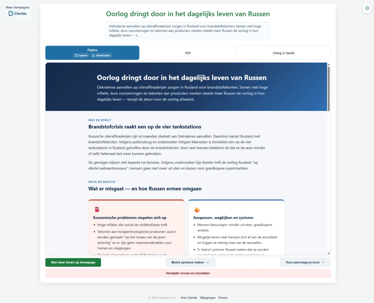 Resultaat van Clarido als webpagina: samenvatting, tussenkoppen en kernpunten naast elkaar, met tabbladen voor pagina, PDF en uitleg in beeld