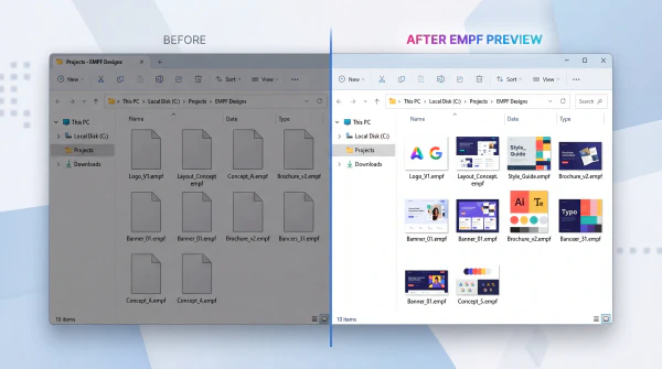 Windows Verkenner waarin .empf-bestanden dankzij EMPF Preview elk een ontwerp-miniatuur tonen