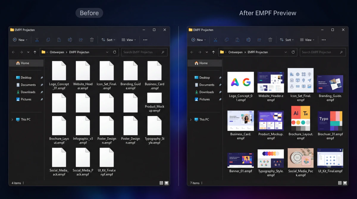 Windows Verkenner in donkere modus waarin .empf-bestanden door EMPF Preview elk een eigen ontwerp-miniatuur tonen