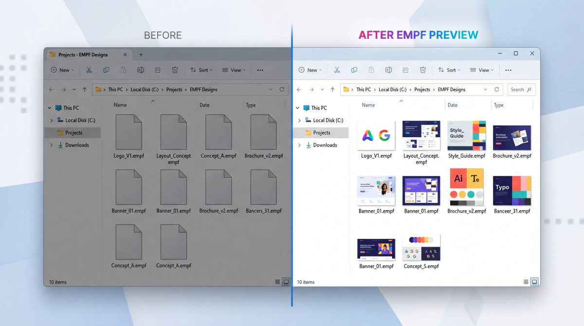 Windows Verkenner met een map eufyMake-projectbestanden: dankzij EMPF Preview toont elk .empf-bestand een miniatuur van het ontwerp in plaats van een grijs standaardicoon