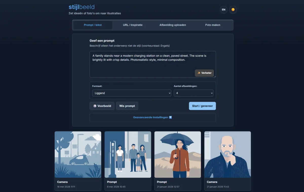 Invoerscherm van Stijlbeeld met vier tabbladen — prompt, URL, afbeelding uploaden en foto maken — plus formaatkeuze en aantal varianten