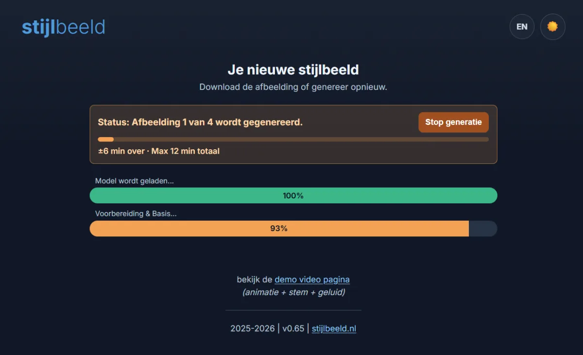 Voortgangsweergave van Stijlbeeld tijdens het genereren: het model wordt geladen en de varianten worden stap voor stap opgebouwd