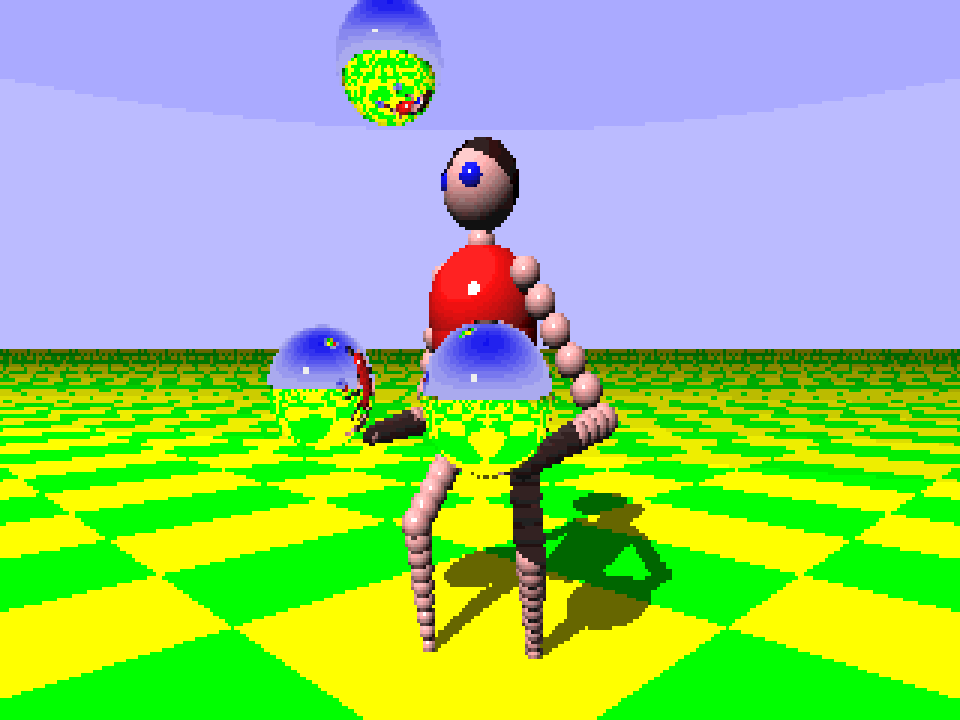 De 1986-modus: de jongleur in 320 bij 200 pixels met dikke, blokkerige pixels in een 4:3-kader, precies zoals de originele Amiga-frames