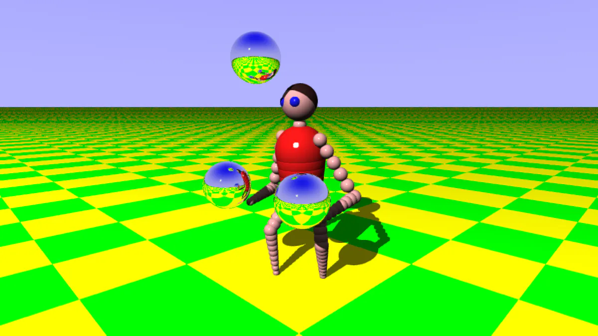 De Amiga Juggler in de moderne modus: een jongleur van roze en rode bollen met drie spiegelende ballen op een geel-groen dambord; bij het scrollen draait de camera om hem heen