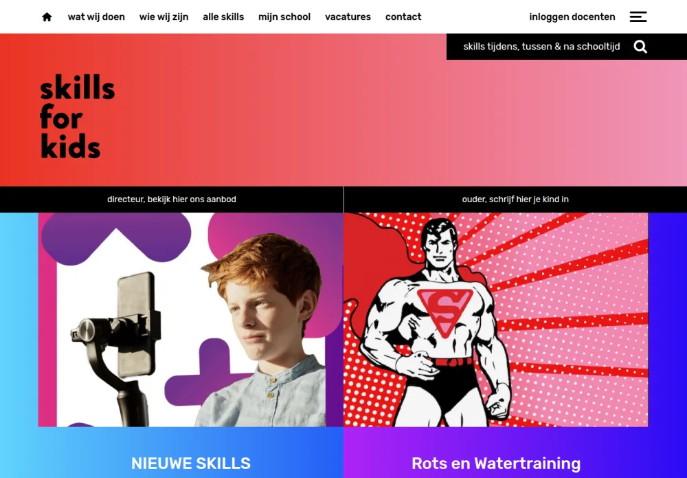Homepage van SkillsForKids met het activiteitenaanbod en de ingangen voor scholen, ouders en docenten
