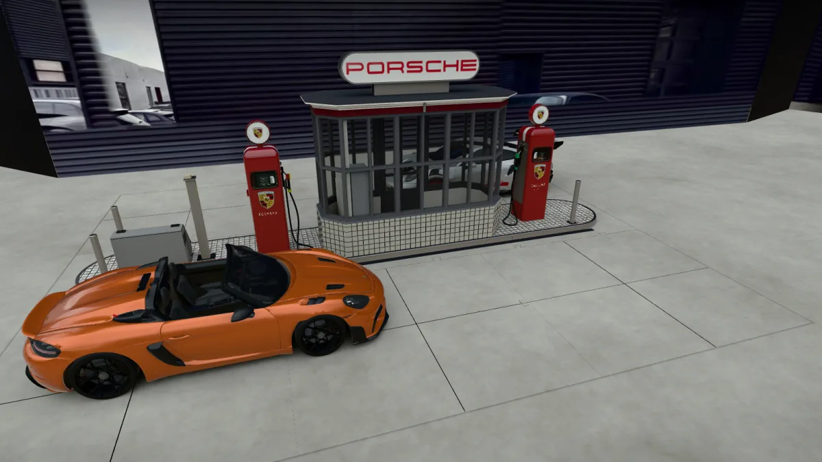 Hetzelfde beeld met de in Blender Cycles gebakken schaduw: zachte contactschaduw onder auto’s, pompen en kiosk