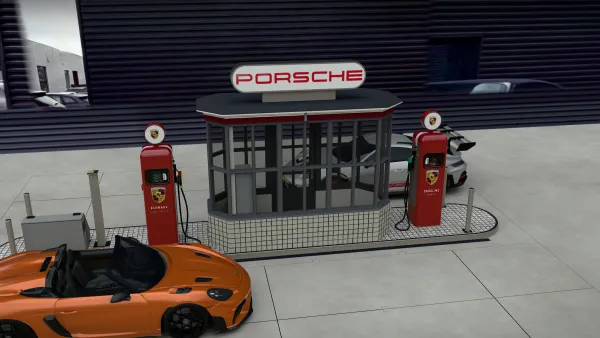 Pompeiland 1:18: kiosk met PORSCHE-lichtbak, twee rode pompen, een 911 GT3 RS en een 718 Spyder RS als live 3D-diorama