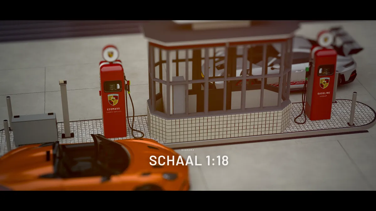 Titelkaart ‘Schaal 1:18’ boven het pompeiland, met tilt-shift zodat het als een miniatuur oogt